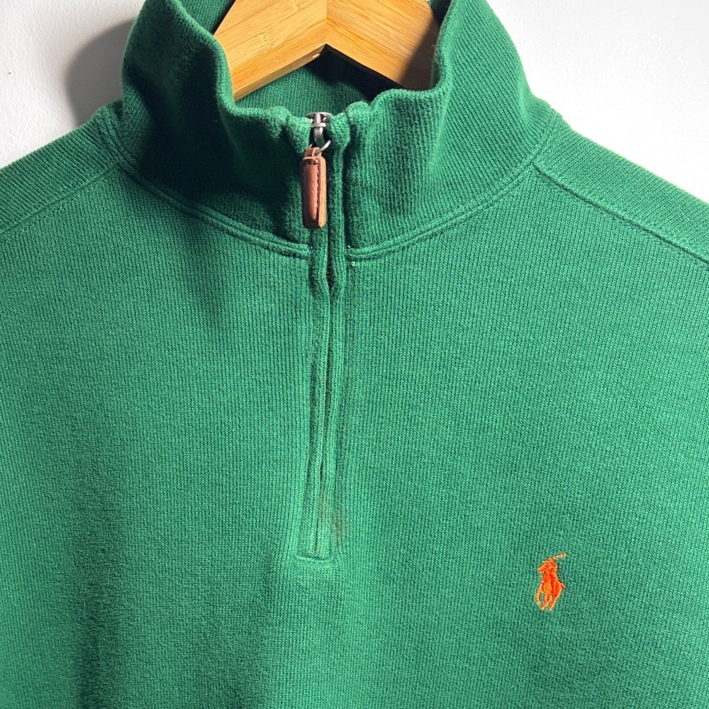 Polo Ralph Lauren Green 1/4 Zip Cotton Sweater Orange Pony Logo Mens Large - Picture 4 of 5